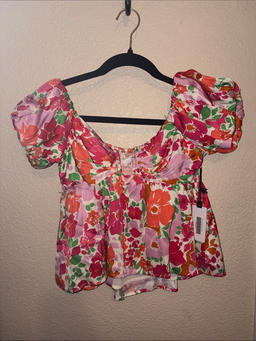 Astr Floral Puff-Sleeve Square Neck Top in Pink, Orange and Green